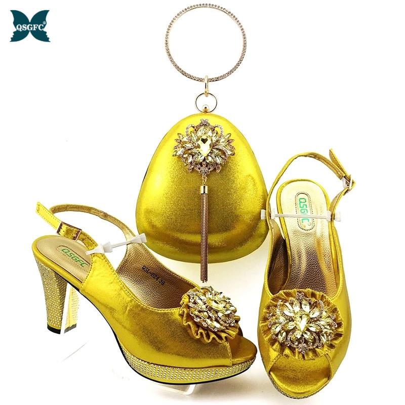 

African Selling Italian Design Nigerian Fashion Yellow Color Crystal Style Party Wedding Women Shoes And Bag Set Dress, Black
