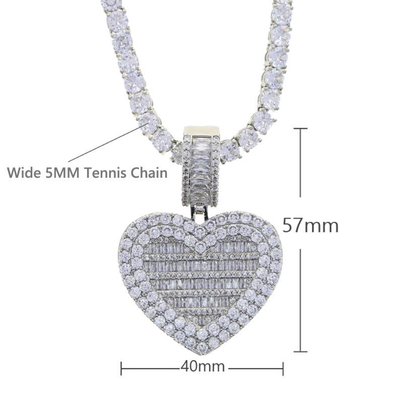 

Chains Iced Out Bing 5MM Tennis Chain Cubic Zirconia Heart Shape Charm Pendant Necklace Hip Hop Women Men Jewelry Po Frame, Silver