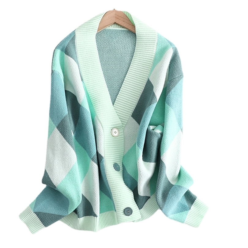 

V Neck Knit Oversize Female Cardigan Winter Argyle Single-Breasted Women' Sweater coat Autumn Loose Jacket 211018, Pink