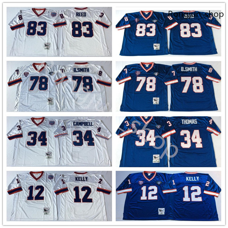 

Vintage NCAA Men 12 Jim Kelly 34 Thurman Thomas 78 Bruce Smith 83 Andre Reed 1994 Vintage White Blue Stitched College Football Jerseys