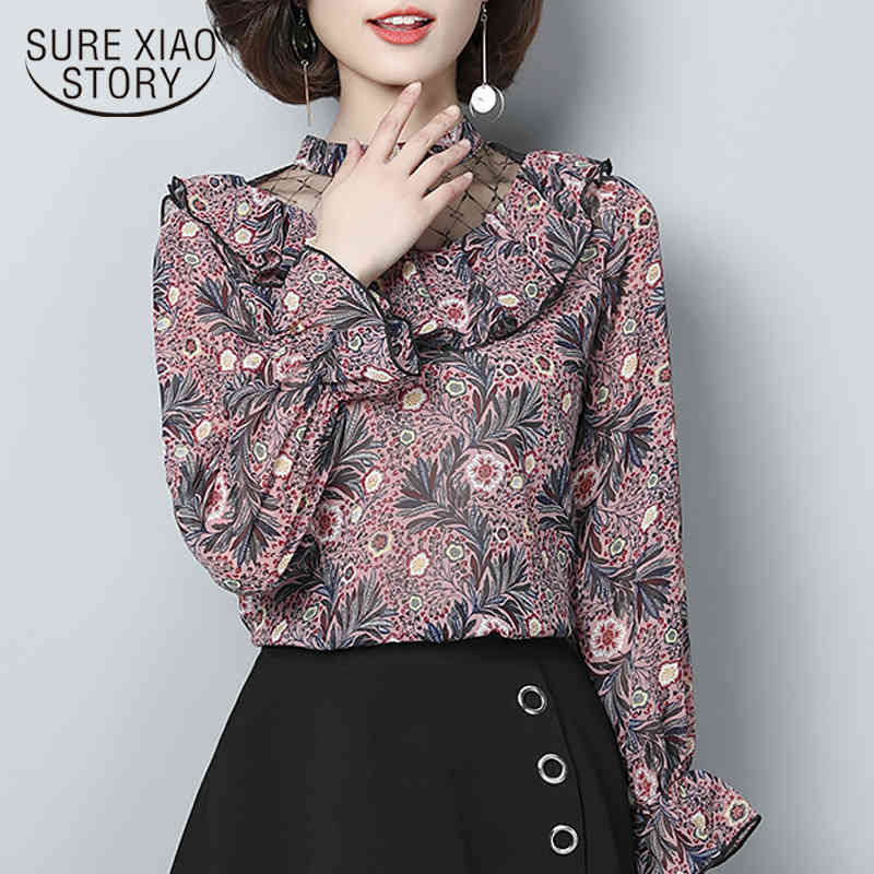 

spring women long sleeved blouses sweet style chiffon print office lady tops fashion female shirts D518 30 210521, Pink