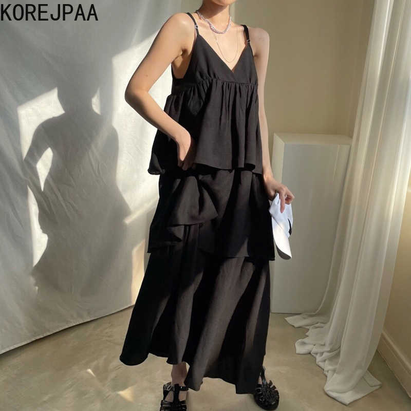 

Korejpaa Women Dress Summer Korean Chic Ladies Dark Style V-Neck Slimming Loose Layered Ruffled Cake Suspender Vestidos 210526, White
