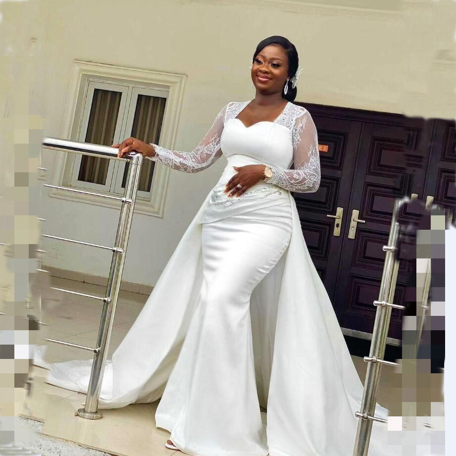 

White Satin Wedding Dresses 2021 Arabic Aso Ebi Lace Long Sleeevs Mermaid Bridal Gowns Overskirt Zip Back Sweep Train Lady Marriage Dress Plus Size, Same as image