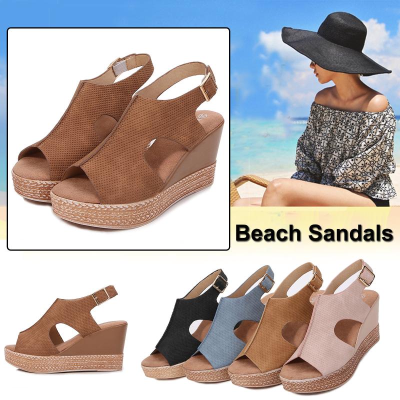 

Sandals Women's Ladies Fashion Solid Wedges Casual Buckle Strap Roman Shoes Summer Breathable Beach Plus Size D16#, Bw
