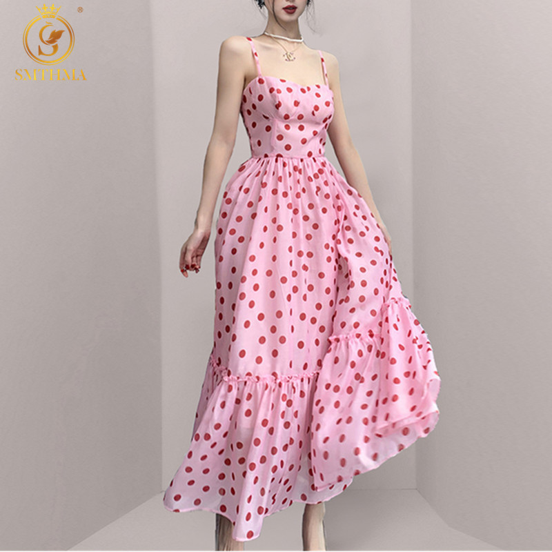 

Sexy Summer Sleeveless Sweet Dress Women Strapless High Waist Pleated Polka Dot Sundress Casual Backless Long Vestidos 210520, Photo color
