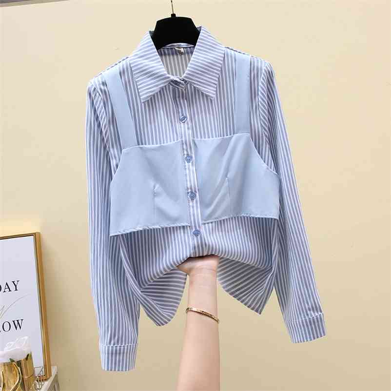 

Autumn Women's Turn Down Collar Long Sleeves Stripe Patchwork Shirt Ladies Casual Shirts Blouse Tops Blusas A3930 210519, Beige