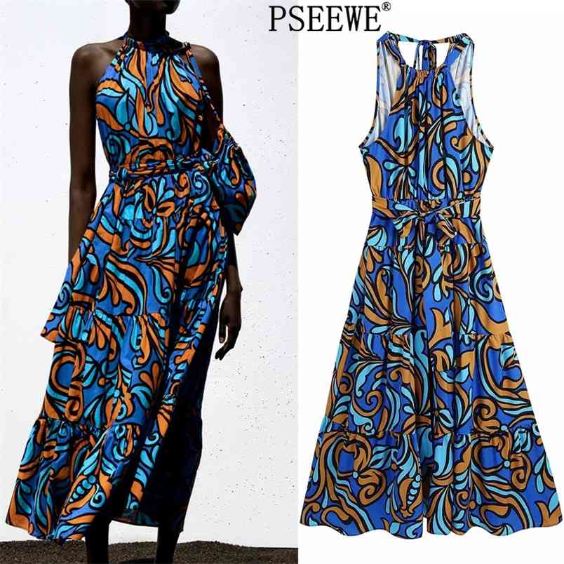 

Summer Dresses Blue Halter Midi Women Vintage Print Sleeveless Long Woman Belt Ruffle Beach 210519