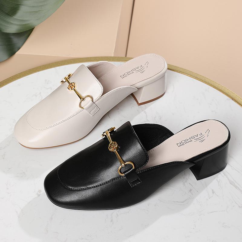 

Women Metal Decoration High Heels Slippers Ladies Fashion Classic Joker Leather Shoes, Black