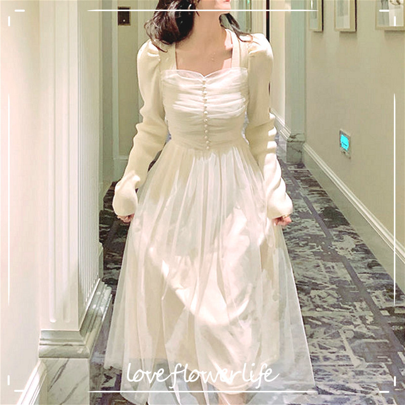 

Knit Dress Korea Spring Lace Elegant Dress Ladies Long Sleeve Square Collar Slim Fairy Office Vintage Dress Women 210521, White