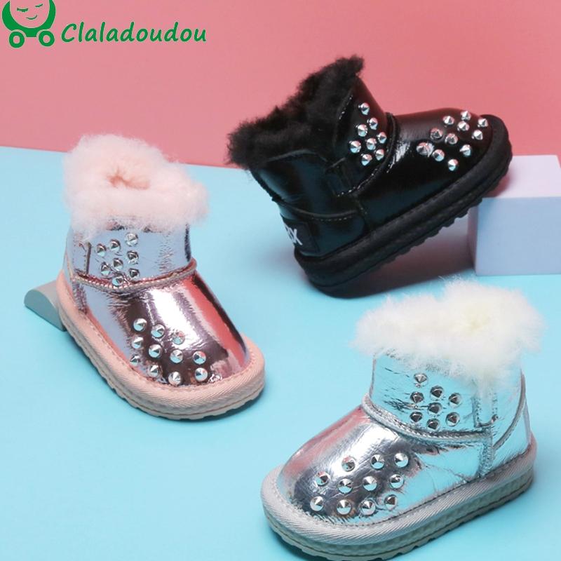

Boots 12-15.5cm Bright Girls Snow For Babies,Fashion Rivets Water-proof Baby Shoes Winter,Warm Plush Toddlers Boys, Black;grey