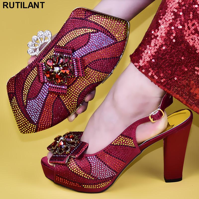

Dress Shoes High Quality Red Color African Designer And Bag Set To Match Italian Party With Matching Bags Rhinestone, Gold only shoes