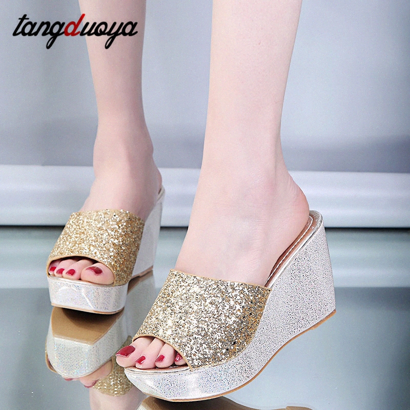 

platform slippers womens slippers bling sequins sandals beach womens high heels 2020 new zapatos de mujer biker boots gold shoes from , $17., Black