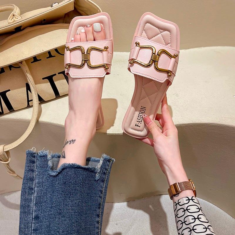 

Slippers Casual Women's Summer Fashion All-match Vamp Personality Buckle Design Trend Open-toed Flat-bottom, Black