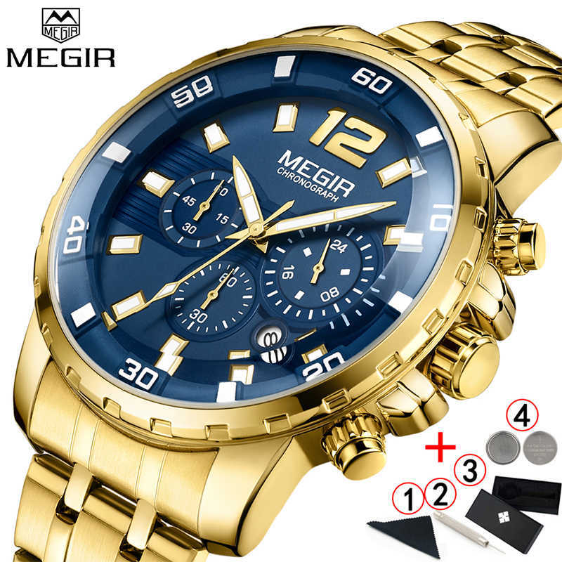 

Megir Watches Men Business Quartz Chronograph 's Wrist Waterproof Gold Luxury Brand Relojes Hombre 210707, Gold blue