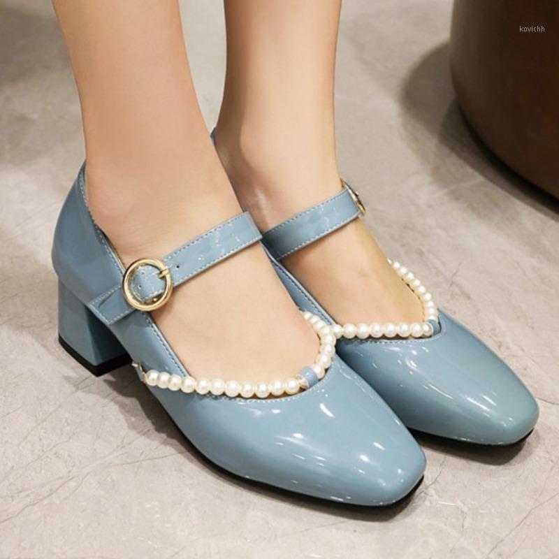 

Dress Shoes Chunky Heel Single Fashion Women Pumps Square Toe Shallow Sweet Pearl Ankle Buckle Female 2021 Spring, Black