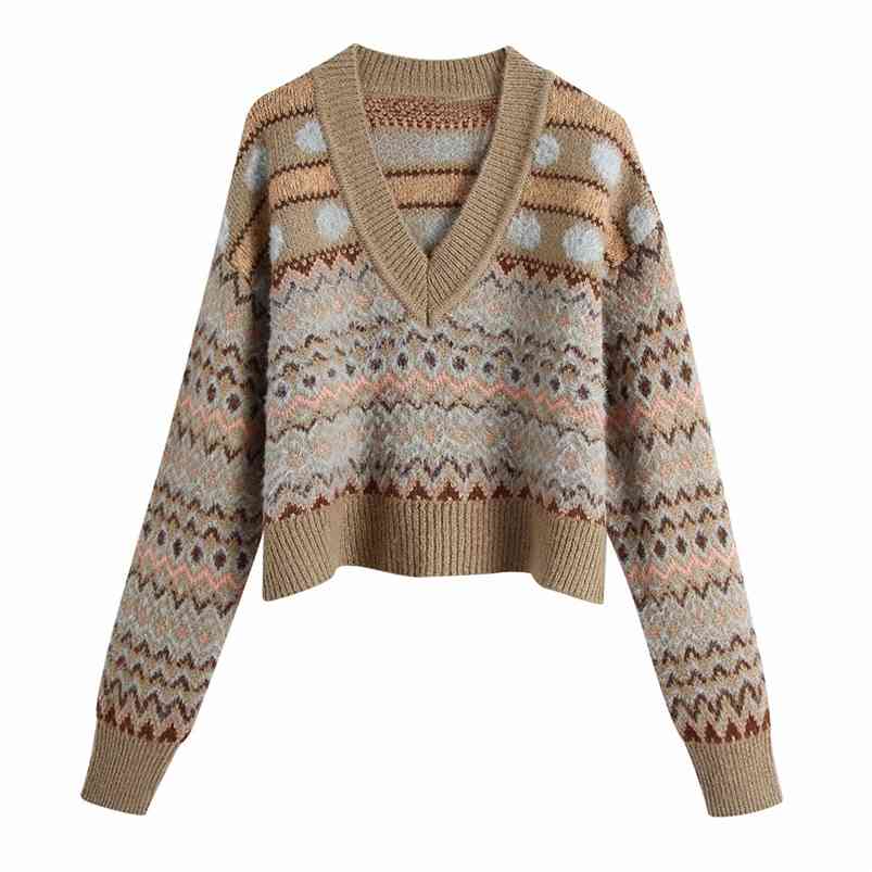 

Women Autumn Warm Pullovers Sweaters Long Sleeve V-Neck Jacquard Loose Female Fashion Street Vintage Wool Knitted Sweater 210513