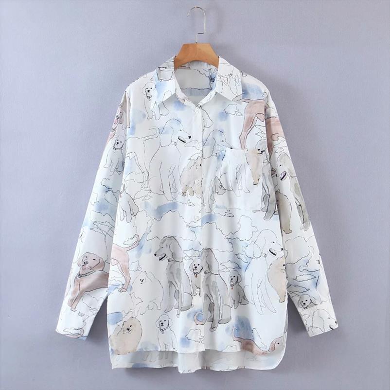 

dog print single pocket loose womens shirts long sleeve casual lady turndown collar blusas s8275, White