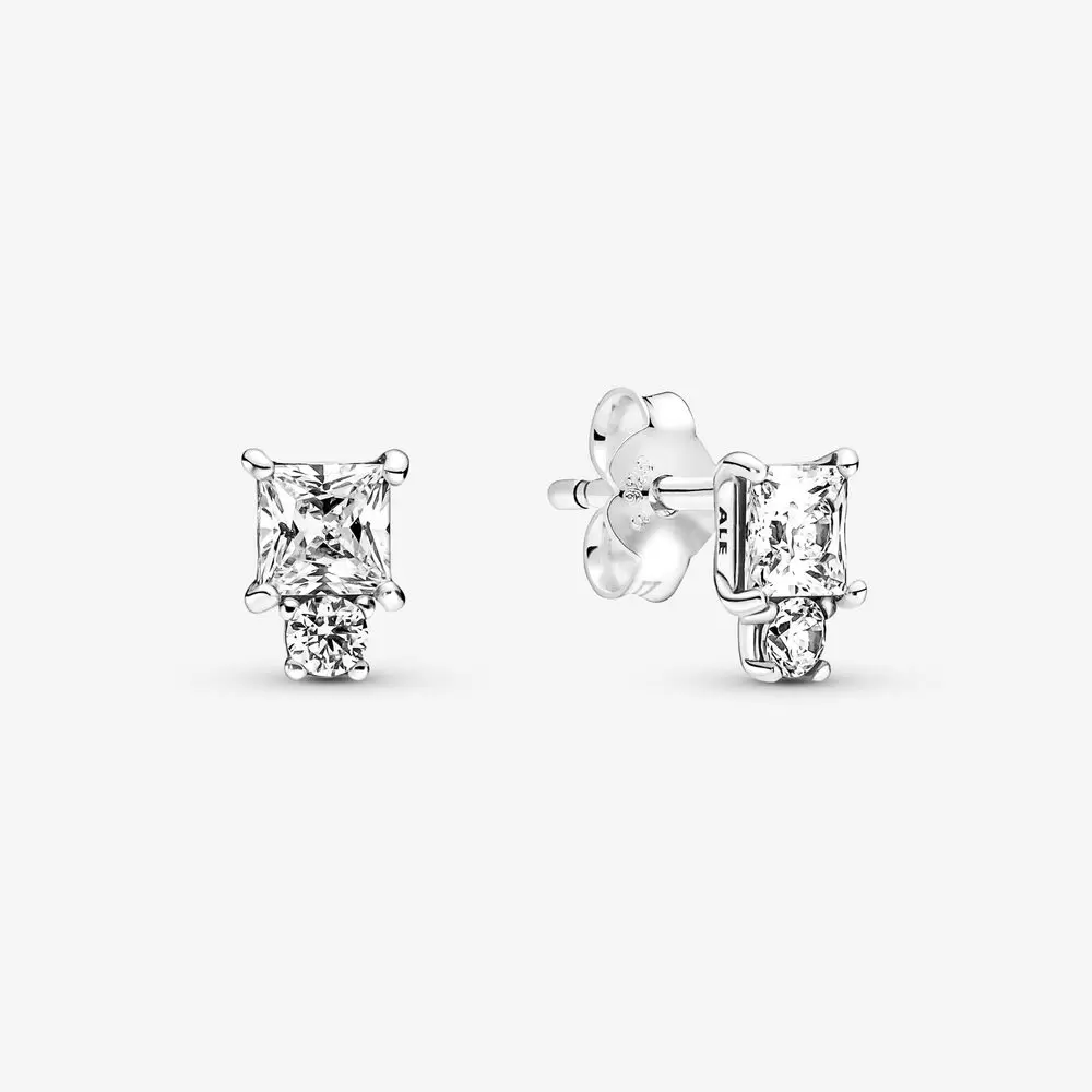 

100% Authentic 925 Sterling Silver Sparkling Round & Square Stud Earrings Fashion Women Wedding Engagement Jewelry Accessories, Golden;silver