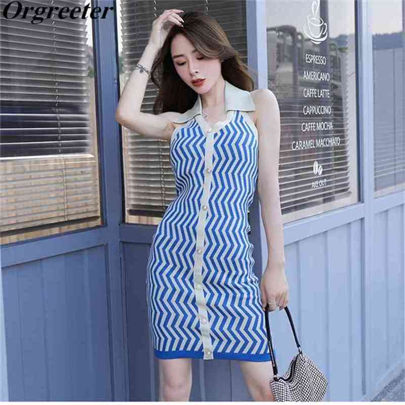 

Summer Fashion Single0breasted Striped Halter Knitted Dress for Women Sexy Backless Slim Bodycon Mini Sweater Female 210602, Black
