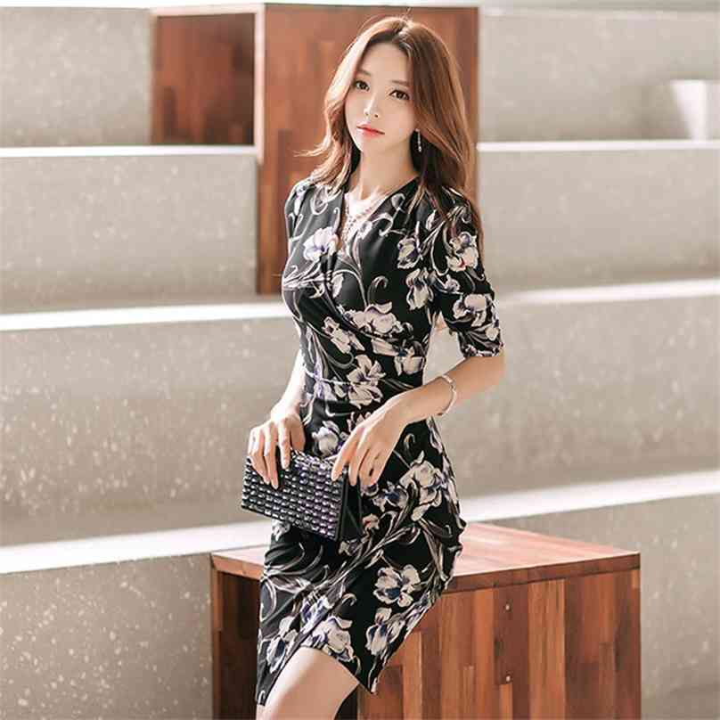 

printing Sexy korean ladies 7 Sleeve V neck Black elegant flower Party Dresses for women china clothing 210602, Mixed color
