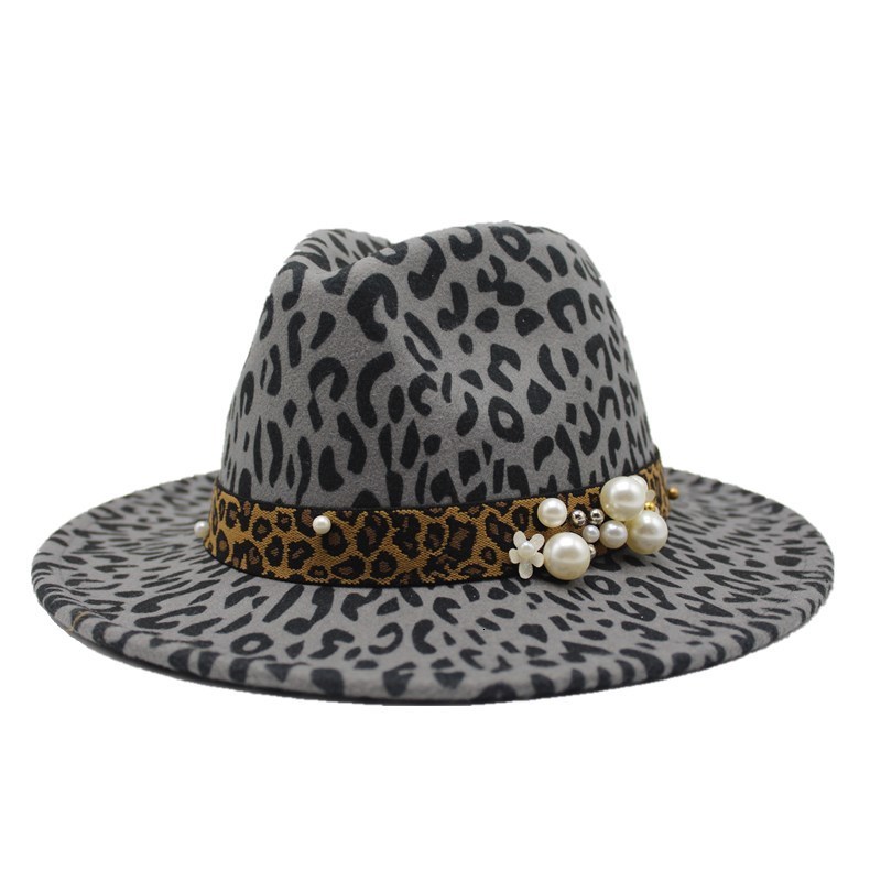 

Berets oZyc winter Leopard Print Wool Felt Jazz Fedora Hats With Belt Buckle Men Women Wide Brim Trilby Panama Party Formal Top Ha, Beige