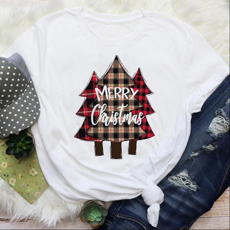 

Women T Shirts Tree Plaid Happy Time Holiday Merry Christmas Print Tops Lady Female Graphic Tees Clothes Shirt, White