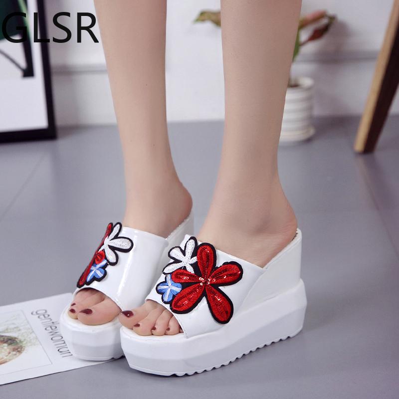 

Glitter Floral Super High Heels Sandals Women Summer Fashion Chunky Platform Wedge Woman Patent Leather Slippers, Black