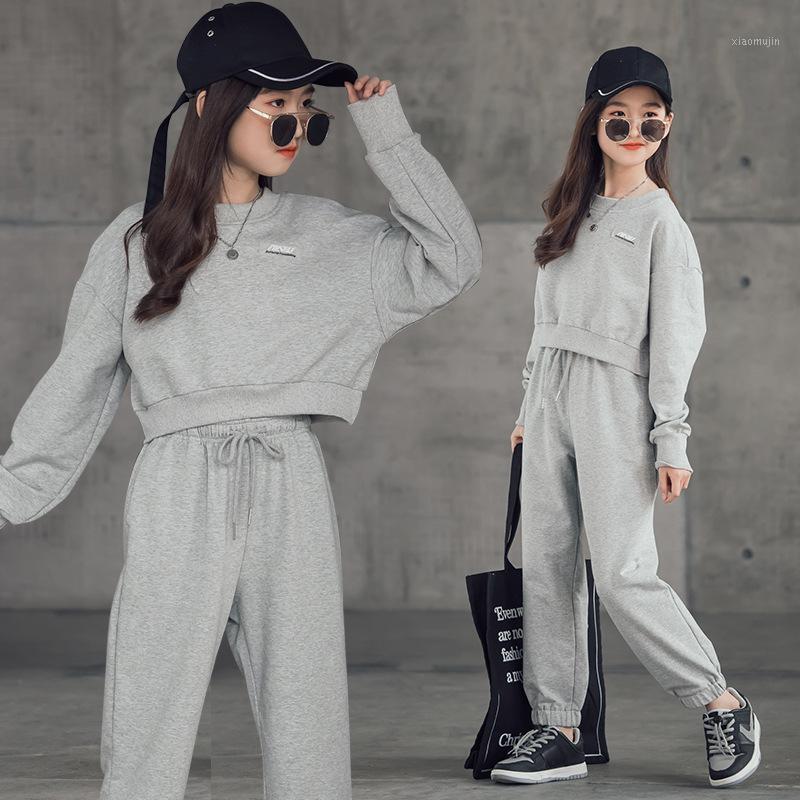 

Clothing Sets Kids Girls 2021 Fall Teenage Girl Grey Short Top And Pants 2Piece Set Children Fashion Outfits 4 6 8 10 12 14Year, Gray