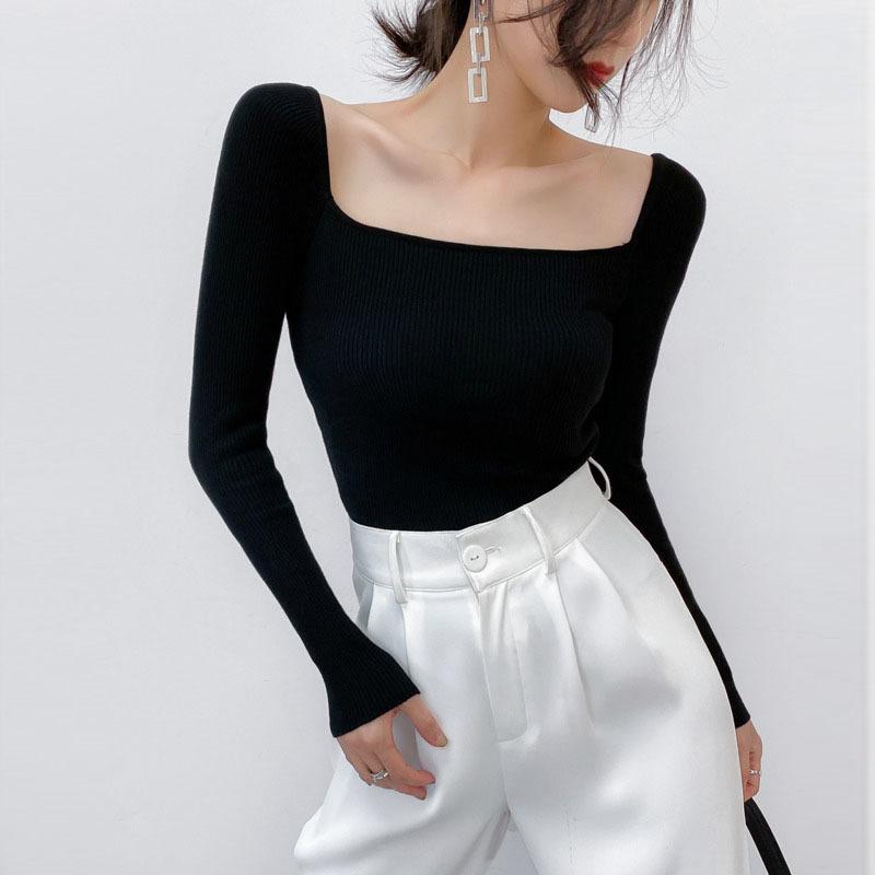 

Women's Sweaters Square Collar Women Knitted Tops Spring Autumn Slim Long Sleeve Basic Female Chic Jumpers, Black