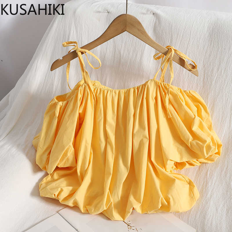 

KUSHAIKI Korean Bow Tie Sling Slash Neck Blouse Tops Causal Sweet Puff Sleeve Women Shirts Summer Short Blusas 6J497 210602, White