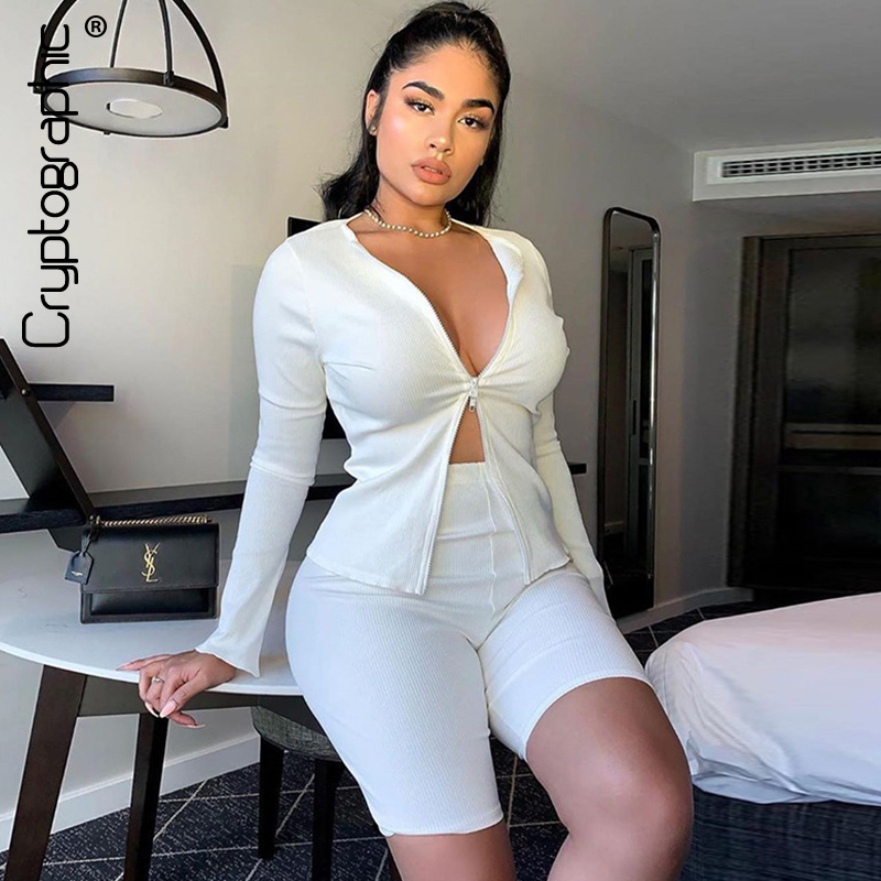 

Cryptographic Ribbed Fashion Outfit Sets Women Zipper Slim Knitting Sexy Two Piece Set Split Long Sleeve Top and Biker Shorts, Black;white