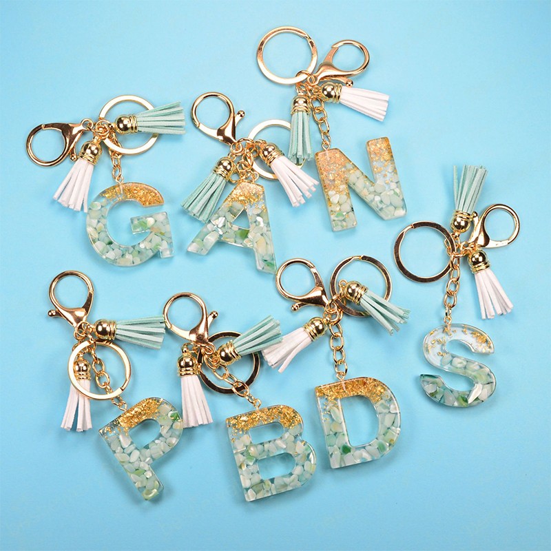 

26 A-Z Letters Resin Keychains for Women Gold Foil Bag Pendant Charms Handbag Accessories Tassel Key Rings Gift