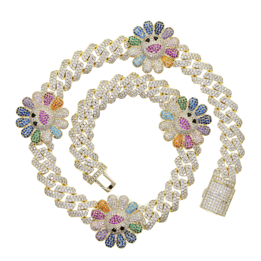 

fashion trendy cuban chain hip hop necklace jewelry with rainbow cz paved sunflower charm choker necklace jewelry for women lady, Golden;silver