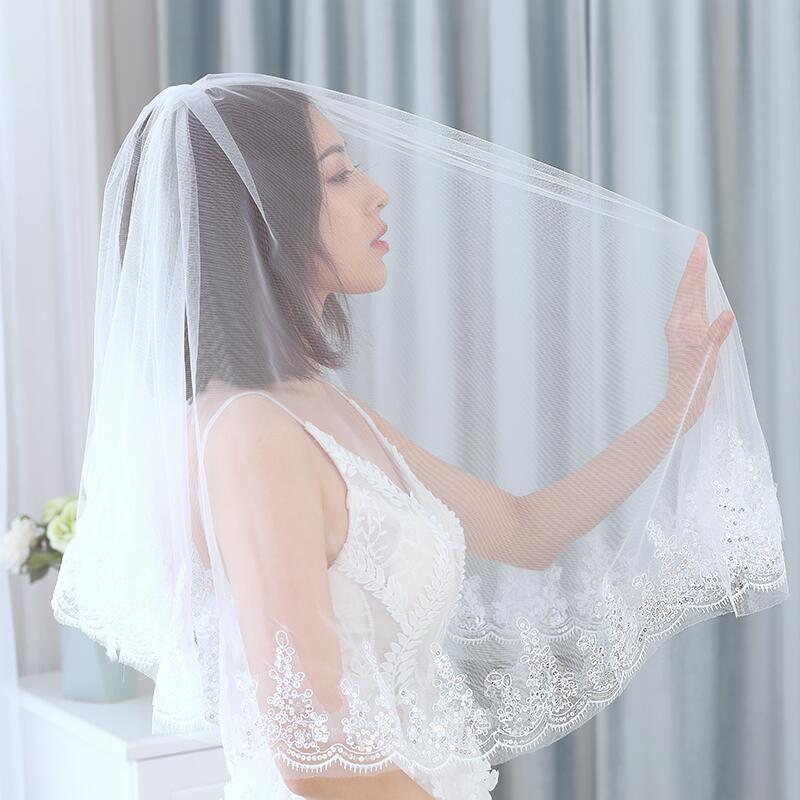 

Bridal Veils 2021 White Ivory Weeding With Comb Two Layer Long Applique Edge Fingertip Bride Veil Voiles Mariage Velos De Novia