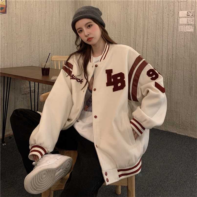 

Baseball Jacket for Women Autumn Loose Bomber Jacket Women Oversize O Neck Embroidery Baseball Uniform Women' Jackets 211109, White