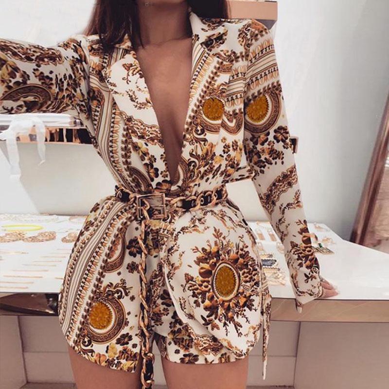 

Floral Print Gold Two Piece Dress Women Blazer Shorts Long Sleeve Sexy V Neck Coat Suit Winter Outfits Ensemble