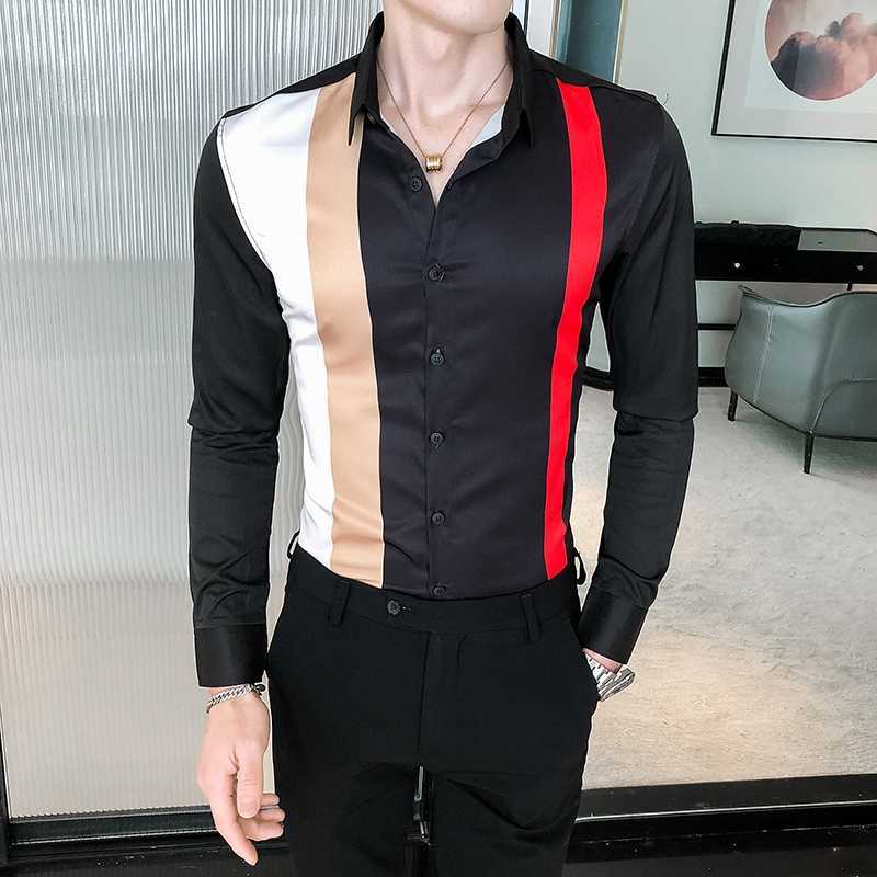 

Striped Men Shirts Long Sleeve Casual Business Formal Dress Shirts Slim Fit Streetwear Social Work Clothing Chemise Homme 210527, White