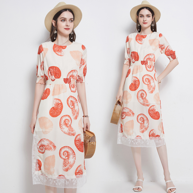 

Runway Designer Fashion Printed Midi Dress 2021 Summer Elegant Ladies Half Sleeve Crew Neck Street Style Casual Office Dresses Women Slim A-Line Beach Party Clothes