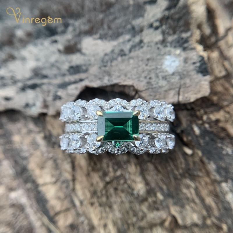 

Cluster Rings Vinregem 100% 925 Sterling Silver Emerald Cut Gemstone Created Moissanite Wedding Engagement Luxury Fine Jewelry, Golden;silver