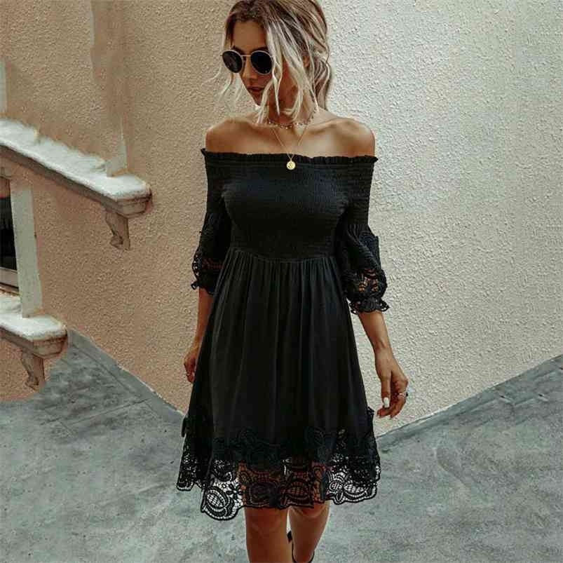

White Black Lace Dres Summer A Line Party Dresses Ladies Sundresses Off Shoulder Midi Backless Sexy Robe Femme 210701