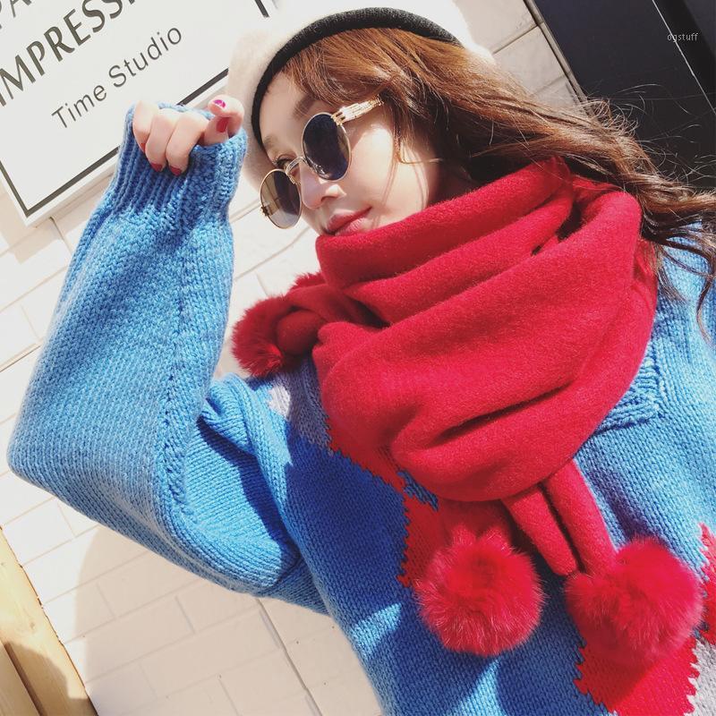 

Scarves Korean Autumn And Winter Arrival Solid Scarf Couple Long Thick Soft Comfortable Warm High Quality Hair Balls Cute Shawl, Blue;gray
