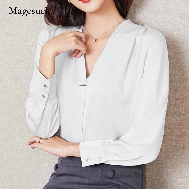 

Autumn Fashion Women Blouse Plus Size Loose Tops Shirt Long Sleeve V-neck Korean Satin Blusas Mujer 10853 210518, White