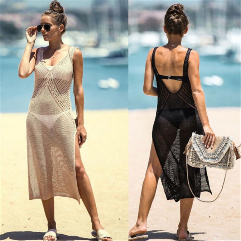 

Summer Bikini Women's Suit Sexy Knitted Hollow Vest Split Sunscreen Skirt Seaside Vacation Blouse Swimwear, Black