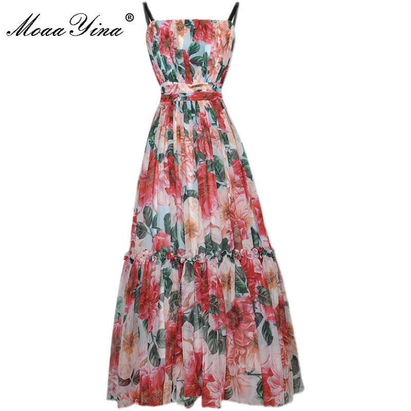 

Bohemian Vacation Floral Midi Dress Women Fashion Runway Summer High waist Printed Sexy Spaghetti Strap 210524, Mixed color