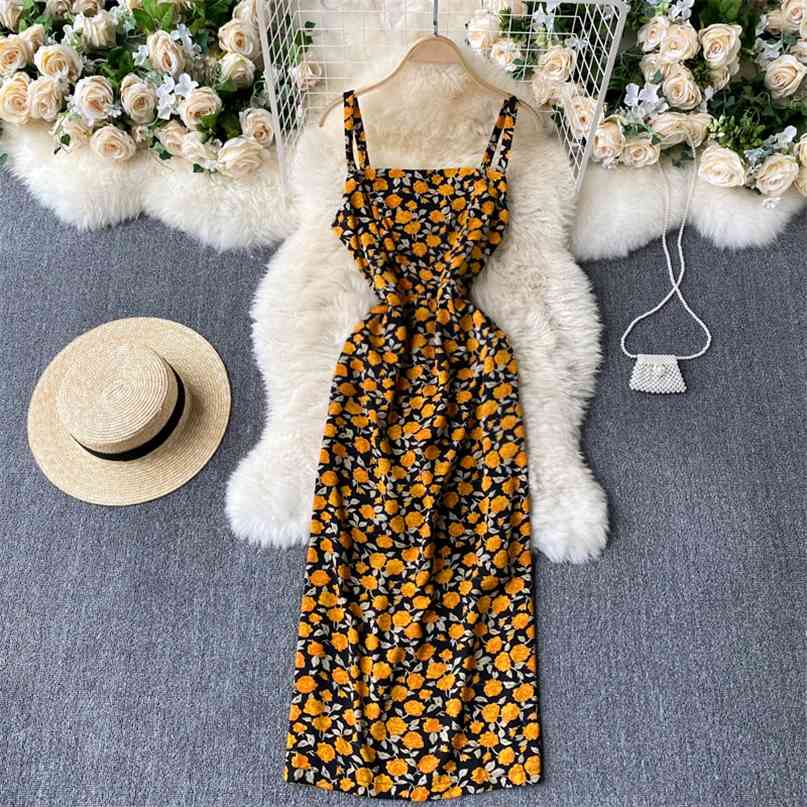 

Floral Print Sexy Party Dress Women Summer Spaghetti Strap Sleeveless Pleated Elastic Back Holiday Beach Midi 210603, Yellow