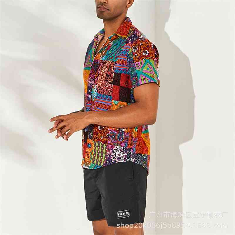 

cotton 2020 cotton and linen printed lapel short sleeve shirt men's 2020, White;black