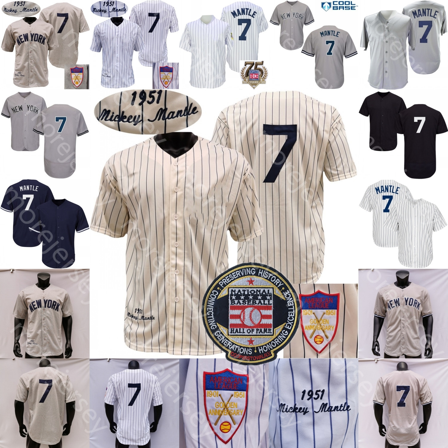 

Mantle Jersey Hall Of Fame Patch 75th 1951 Grey Turn Back Cream White Pinstripe Navy Fans Player Salute to Service Size S-3XL, Grey player