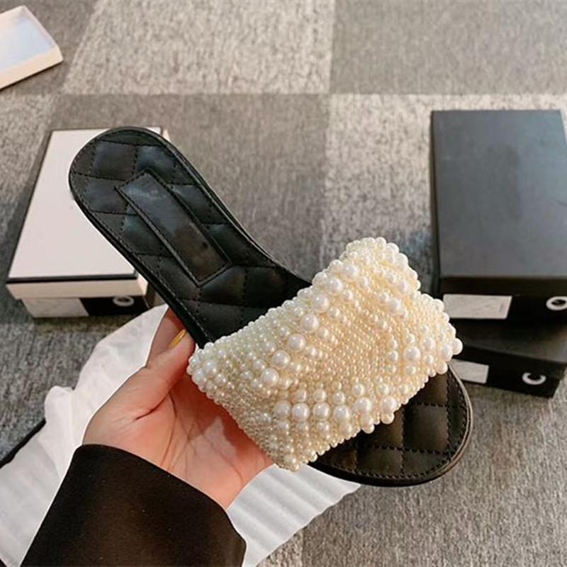 

Slippers Manlinaya Luxury Design Full Pearls Women Runway White String Bead Female Slides Out Side Open Toe Sandals Mules, As picture