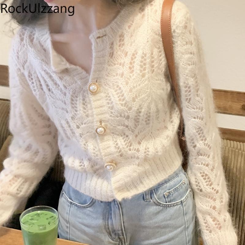 

Women' Knits & Tees Pearls Button Up Furry Mohair Thin Cashmere Knit Cardigan Sweater Coat Fashion Korean Knitted Jumper Sexy Crop Top Fall, White