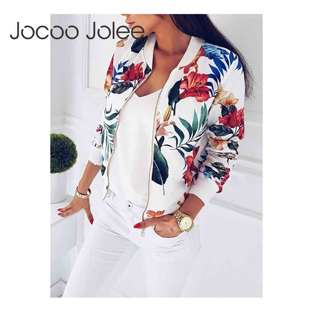 

Jocoo Jolee Floral Sprint Fashion Bomber Jacket Women Long Sleeve Basic Coats Casual Thin Slim Windbreaker Outerwear, White